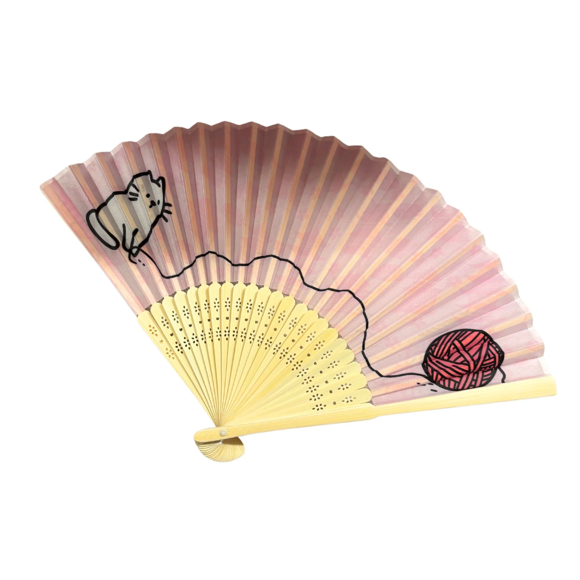 Cat and Yarn Design Paper Folding Fan | Handheld Fan with Wooden Frame | 10" - Image 7