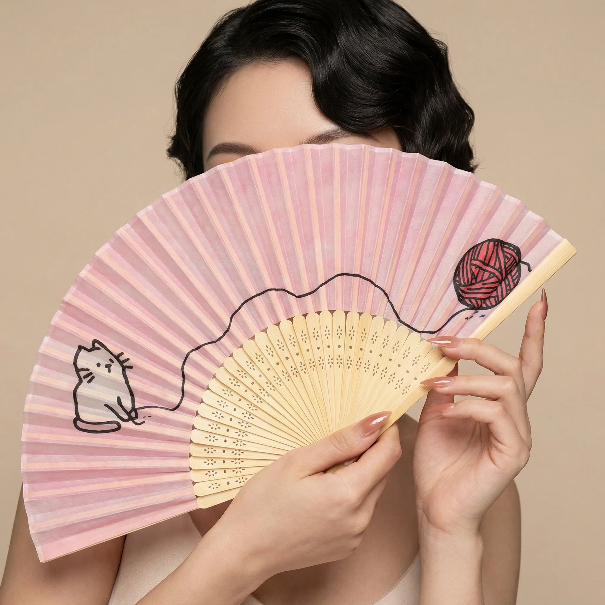 Cat and Yarn Design Paper Folding Fan | Handheld Fan with Wooden Frame | 10" - Image 8