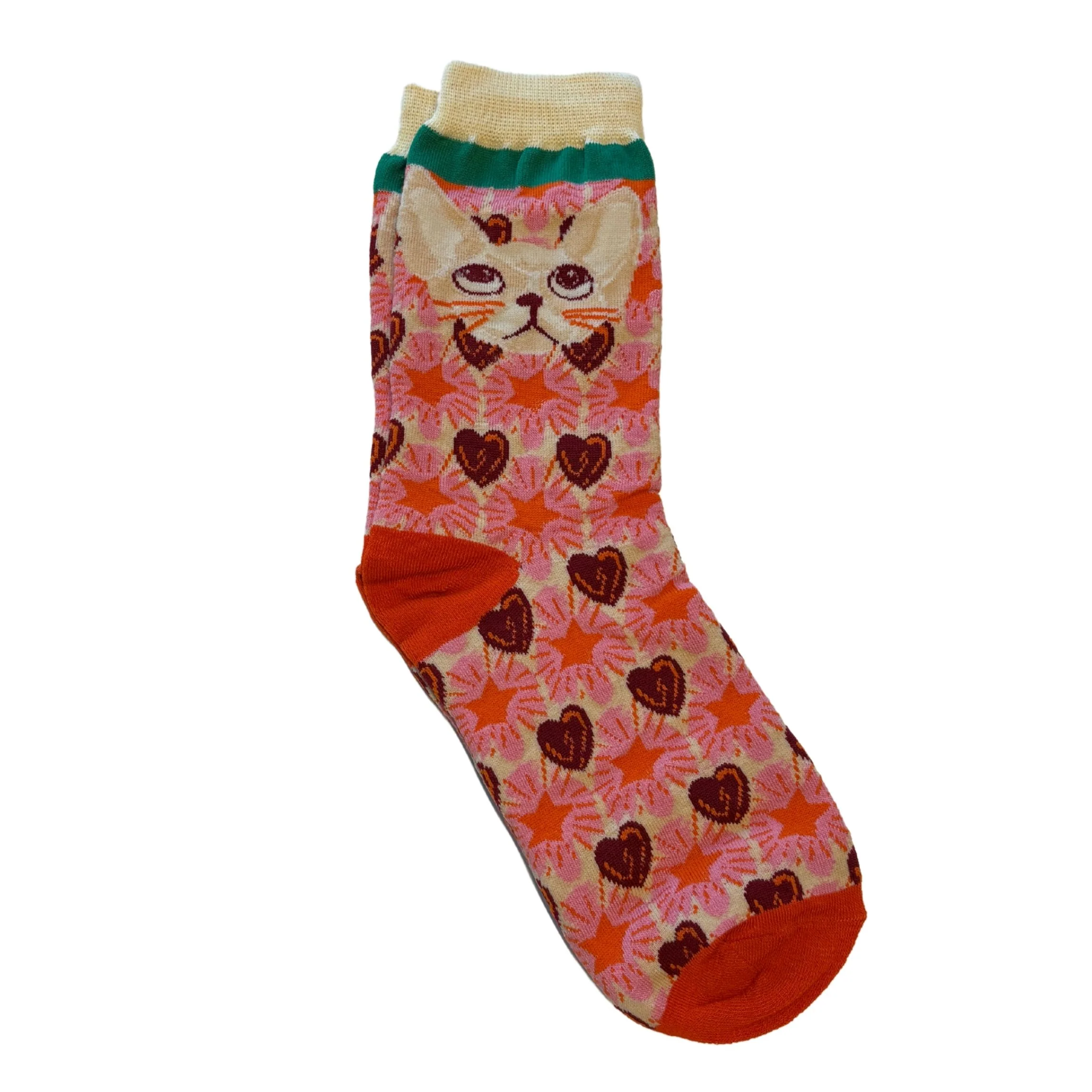 Vintage Cat Face Heart Socks | Pink Women‘s Crew Socks - Image 4
