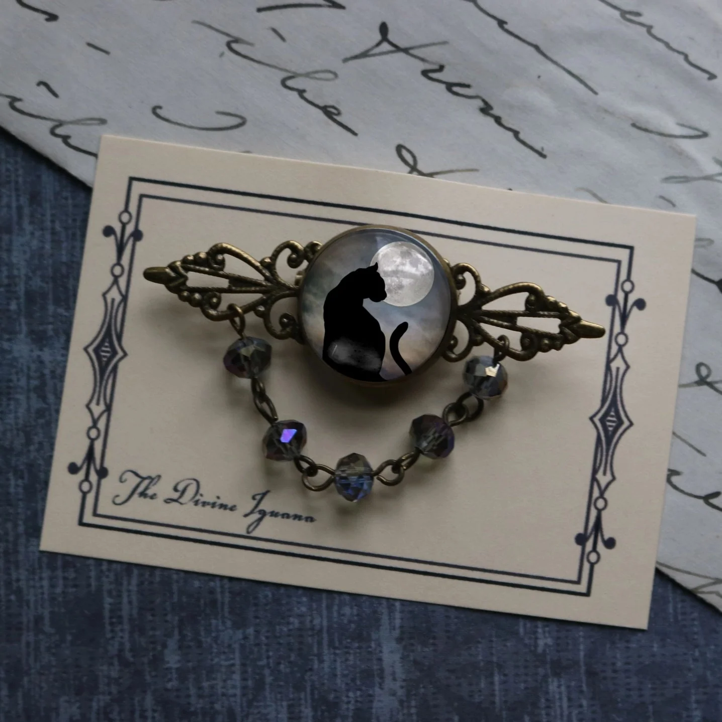 Black Cat and Moon Goth Bead and Filigree Brooch | Handmade in the US - Image 2