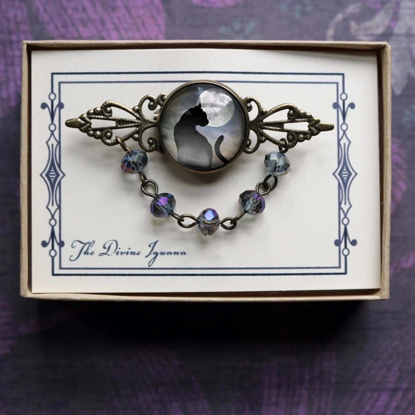 Black Cat and Moon Goth Bead and Filigree Brooch | Handmade in the US - Image 3
