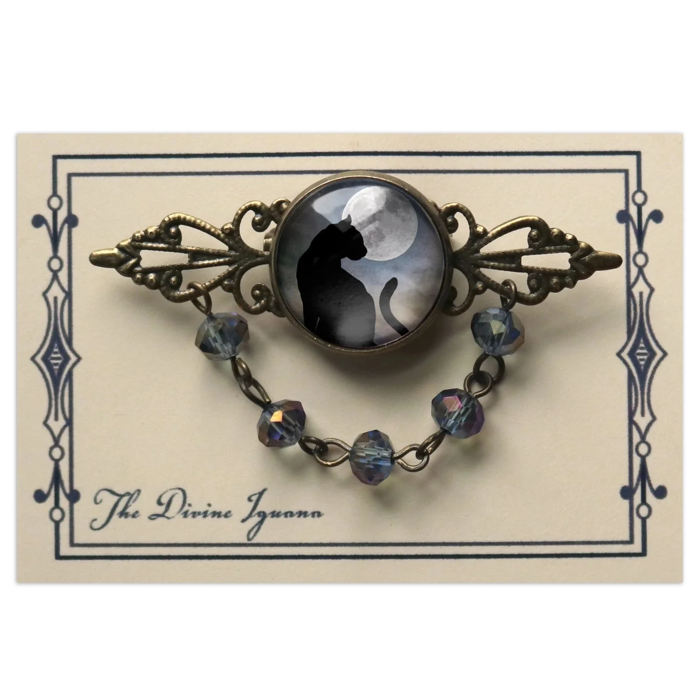 Black Cat and Moon Goth Bead and Filigree Brooch | Handmade in the US - Image 4