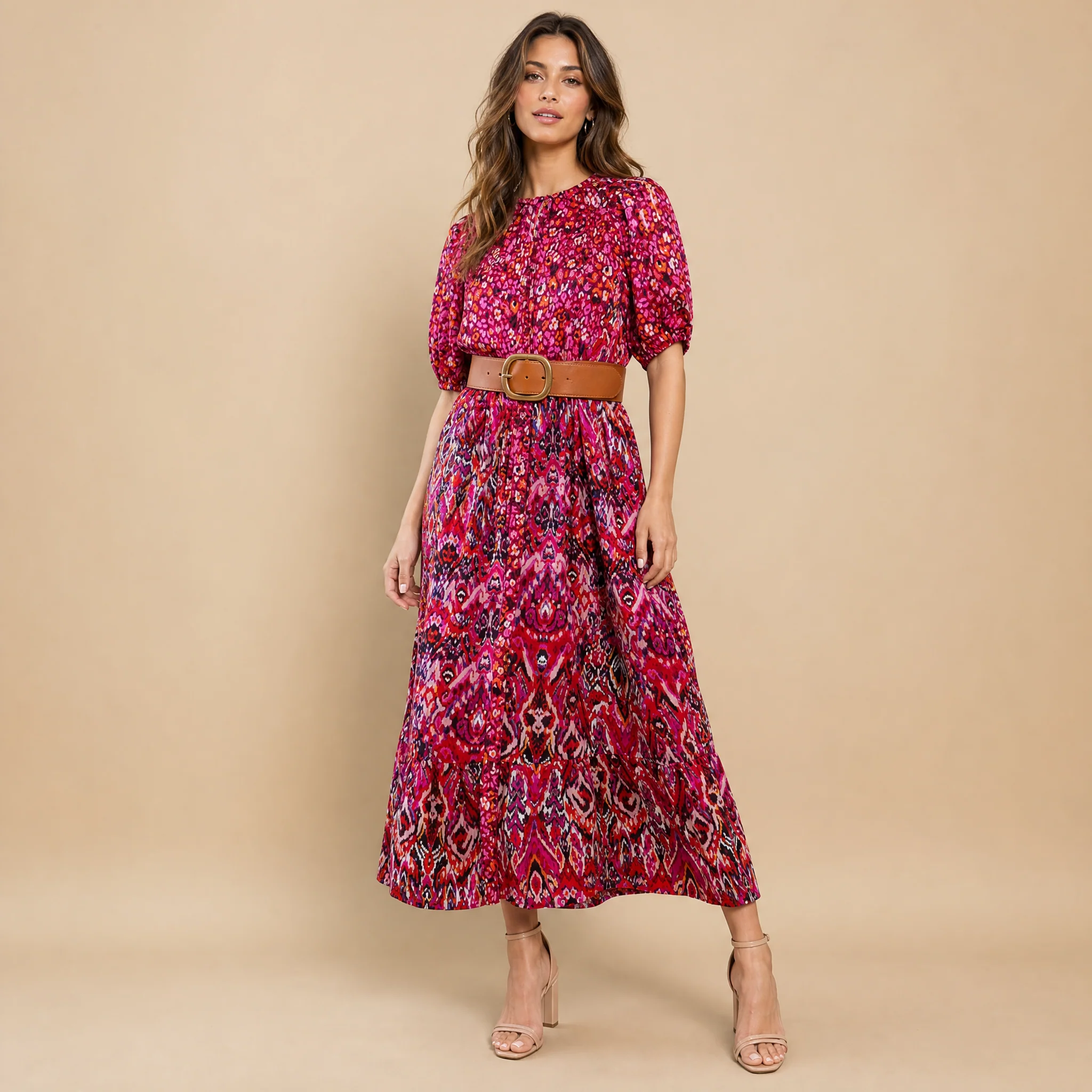 Printed Ruffle Hem Short Sleeve Midi Dress in Red [Size SM-L]