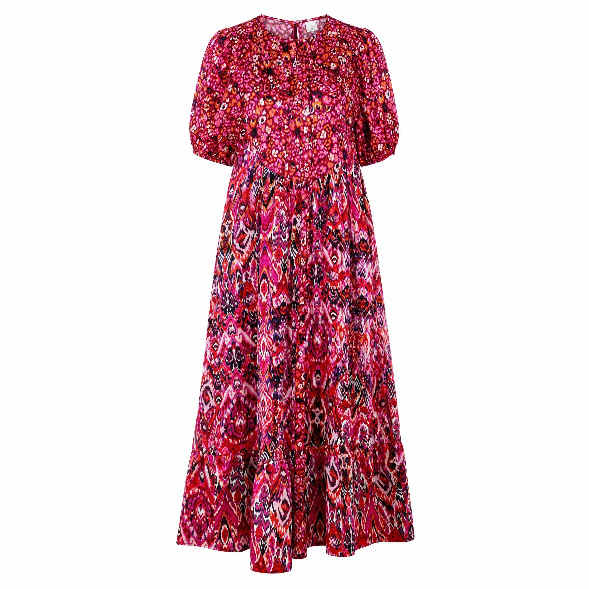 Printed Ruffle Hem Short Sleeve Midi Dress in Red [Size SM-L] - Image 2
