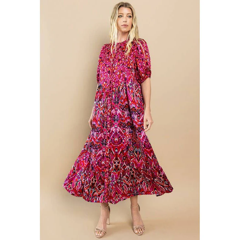 Printed Ruffle Hem Short Sleeve Midi Dress in Red [Size SM-L] - Image 4