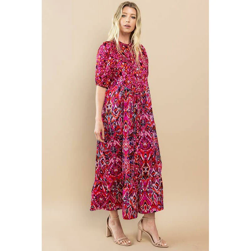 Printed Ruffle Hem Short Sleeve Midi Dress in Red [Size SM-L] - Image 5