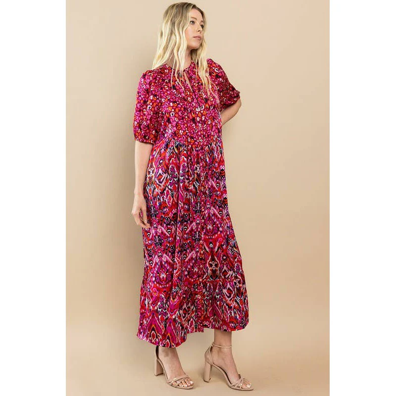 Printed Ruffle Hem Short Sleeve Midi Dress in Red [Size SM-L] - Image 6