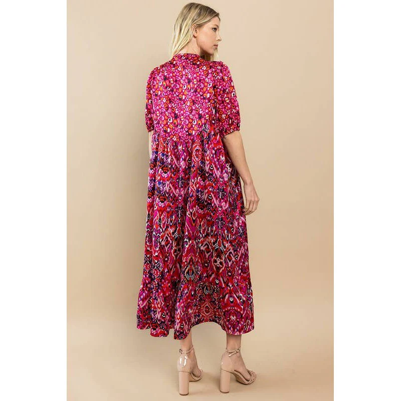Printed Ruffle Hem Short Sleeve Midi Dress in Red [Size SM-L] - Image 7