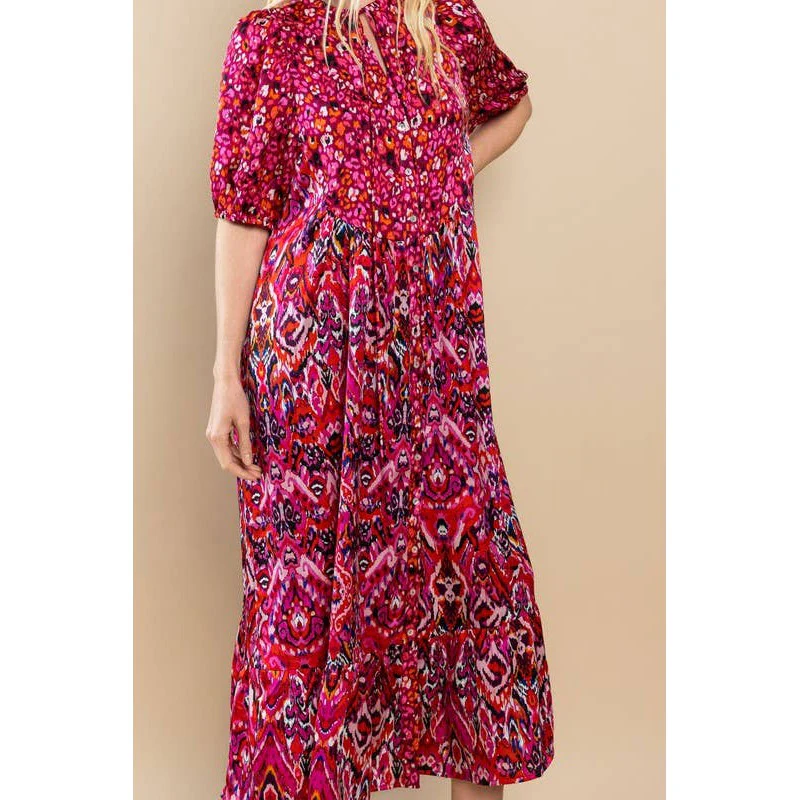 Printed Ruffle Hem Short Sleeve Midi Dress in Red [Size SM-L] - Image 8