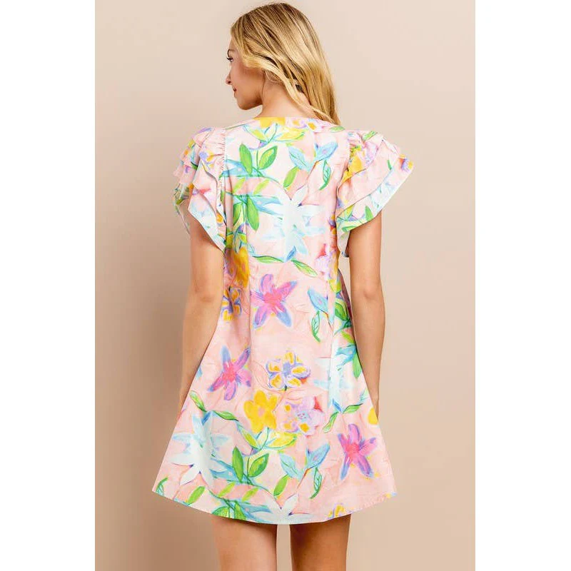 [Size L] Floral Printed Dress in Blush | V Neckline Button Down Mini Dress - Image 9
