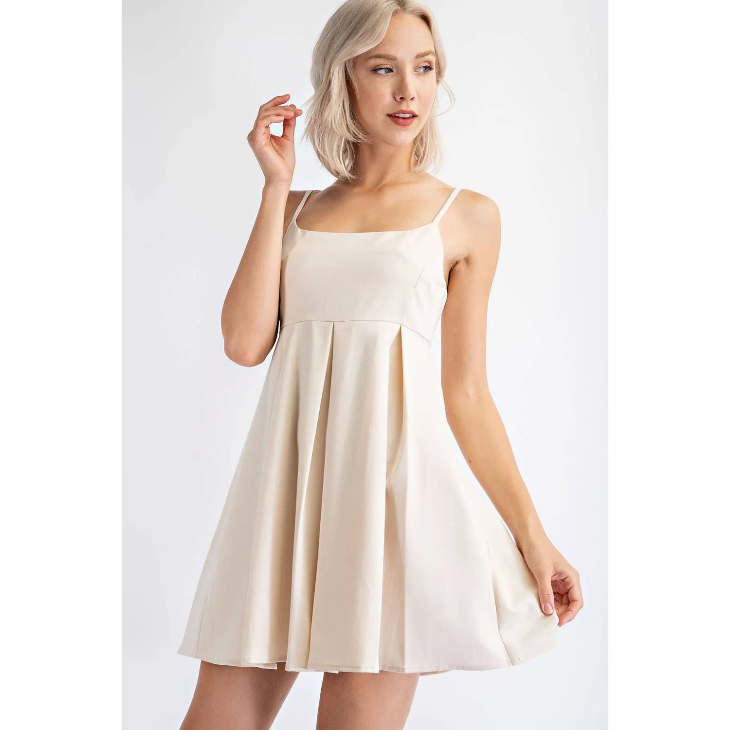 Pleated Cotton Twill Empire Waist Mini Dress in Cream | Babydoll Cocktail Dress [Sizes SM-L] - Image 2
