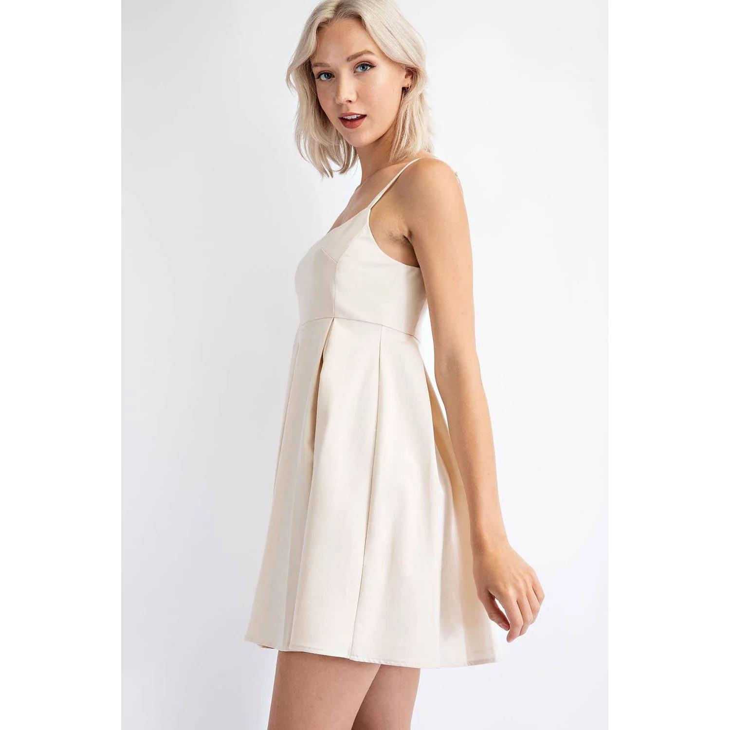 Pleated Cotton Twill Empire Waist Mini Dress in Cream | Babydoll Cocktail Dress [Sizes SM-L] - Image 3