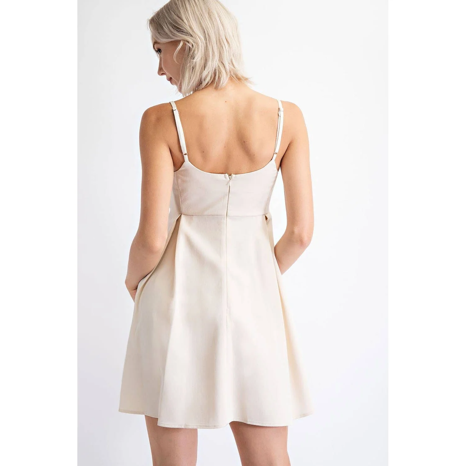 Pleated Cotton Twill Empire Waist Mini Dress in Cream | Babydoll Cocktail Dress [Sizes SM-L] - Image 4