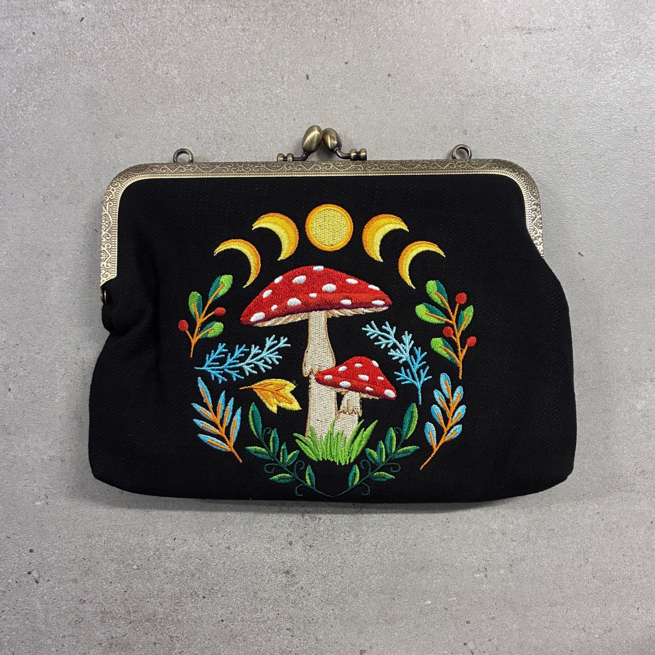 Celestial Mushroom Kiss Lock Bag in Linen Cotton Blend Mater | Embroidered Vintage Purse - Image 4
