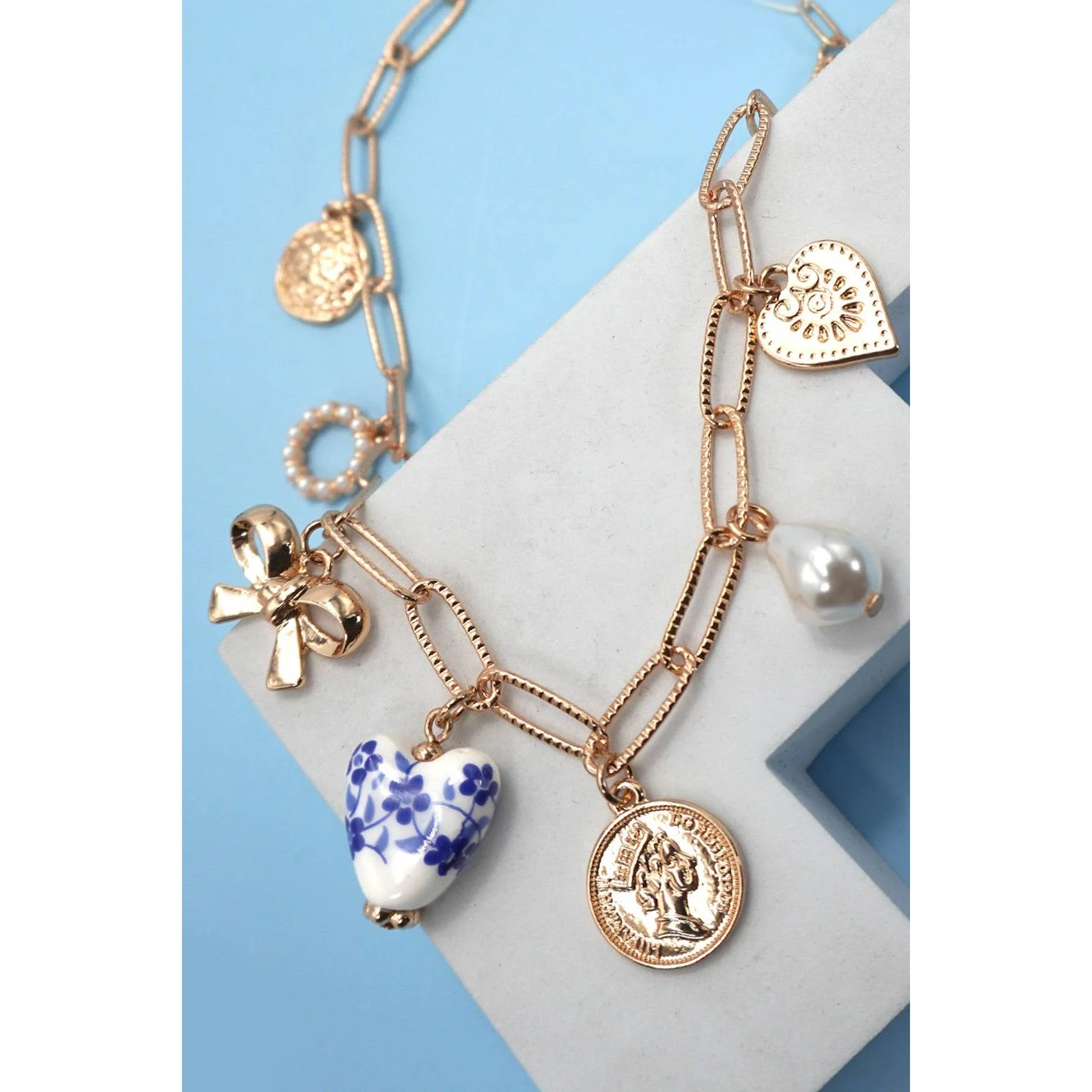 Blue Ceramic Porcelain Coquette Bow Heart Charm Link Necklace in Gold Plated | 17" Long | Paper Clip Style Chain - Image 3