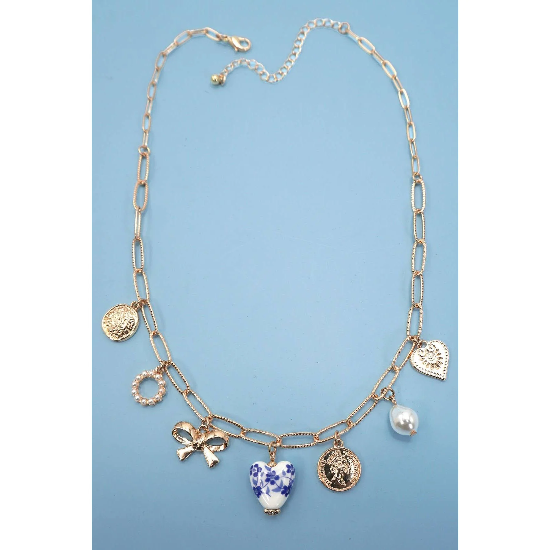 Blue Ceramic Porcelain Coquette Bow Heart Charm Link Necklace in Gold Plated | 17" Long | Paper Clip Style Chain - Image 4