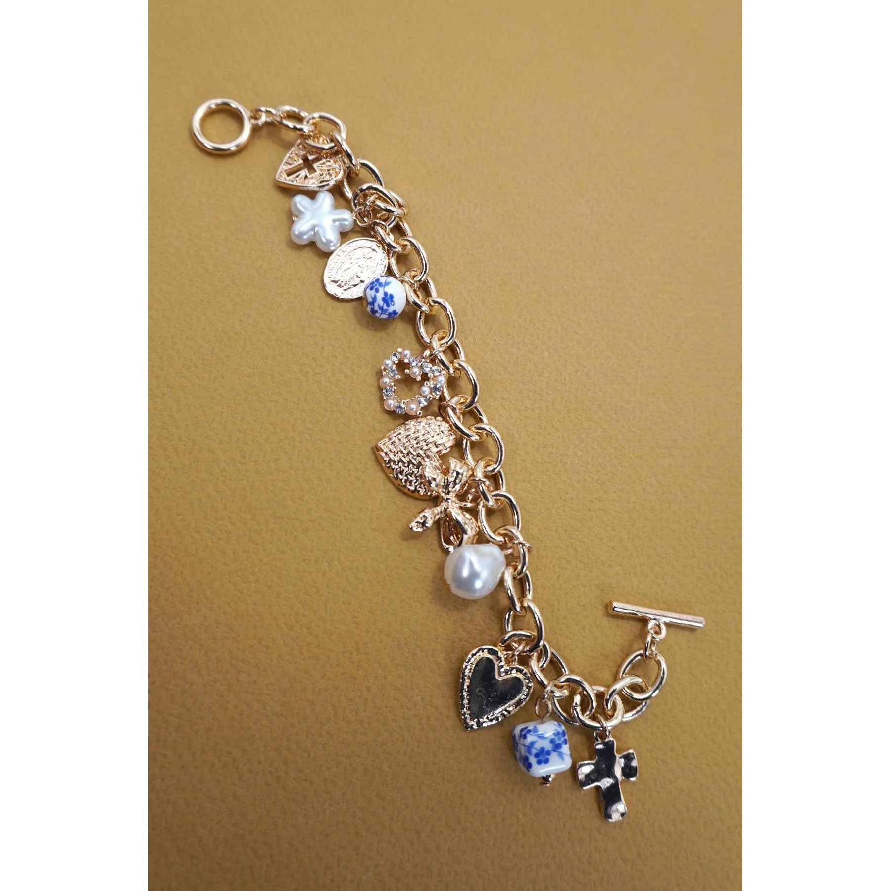 Heart Coquette Bow Cross Multi Charm with Blue Ceramic Porcelain Toggle Bracelet | In Gold Plating 7.5" Long - Image 2