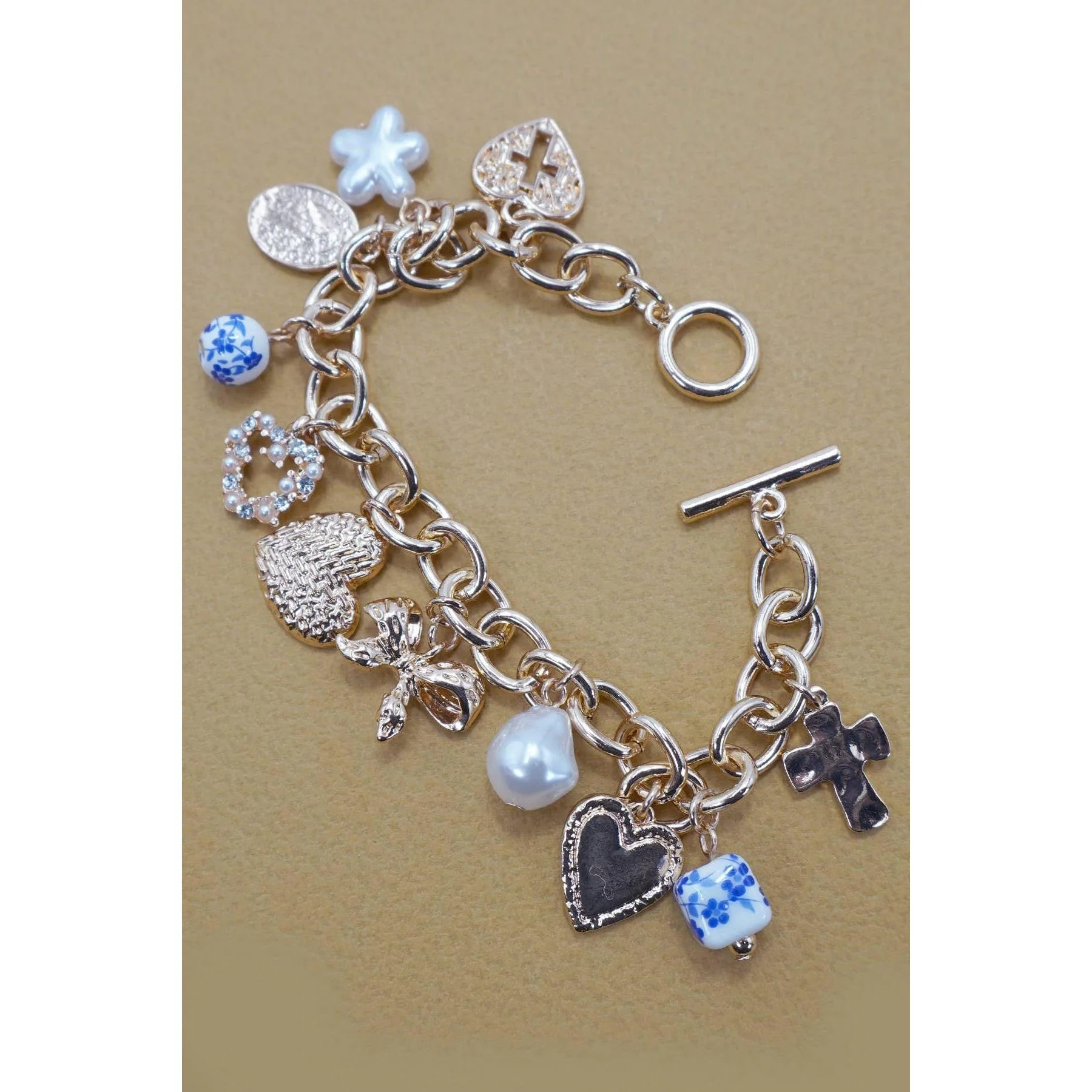 Heart Coquette Bow Cross Multi Charm with Blue Ceramic Porcelain Toggle Bracelet | In Gold Plating 7.5" Long - Image 3