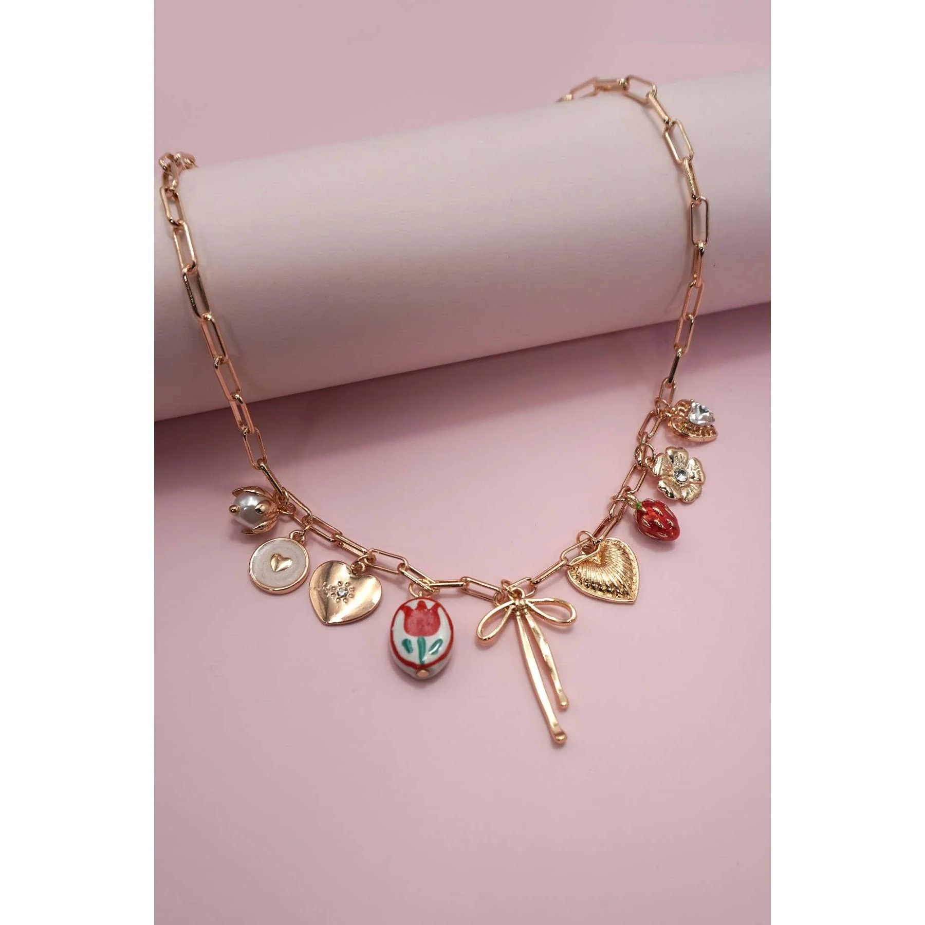 Coquettecore Bow Tulip Strawberry Toile Charm Necklace in Gold Plating with Red Accents | 16" Long | Paper Clip Style Chain - Image 3