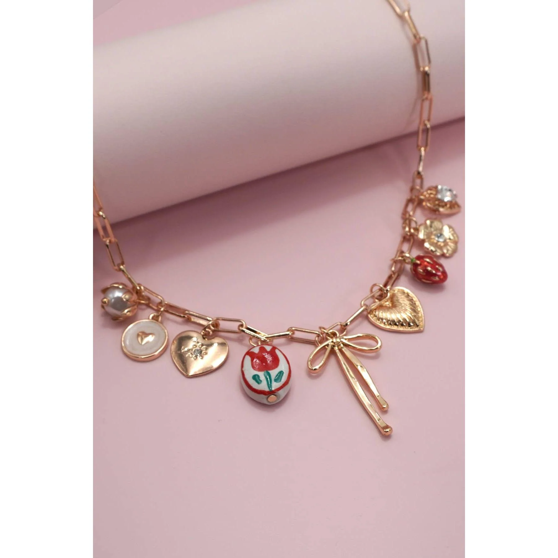Coquettecore Bow Tulip Strawberry Toile Charm Necklace in Gold Plating with Red Accents | 16" Long | Paper Clip Style Chain - Image 4