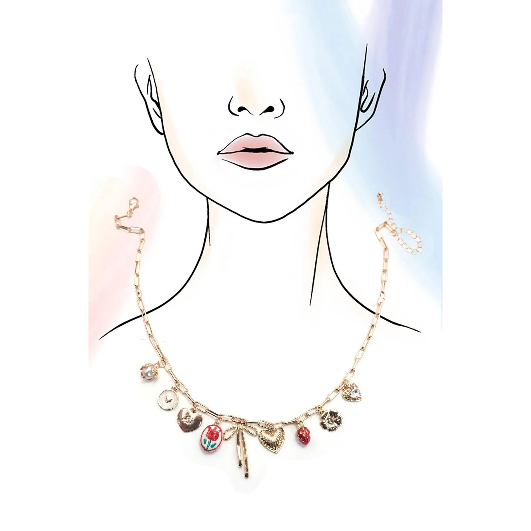 Coquettecore Bow Tulip Strawberry Toile Charm Necklace in Gold Plating with Red Accents | 16" Long | Paper Clip Style Chain - Image 5