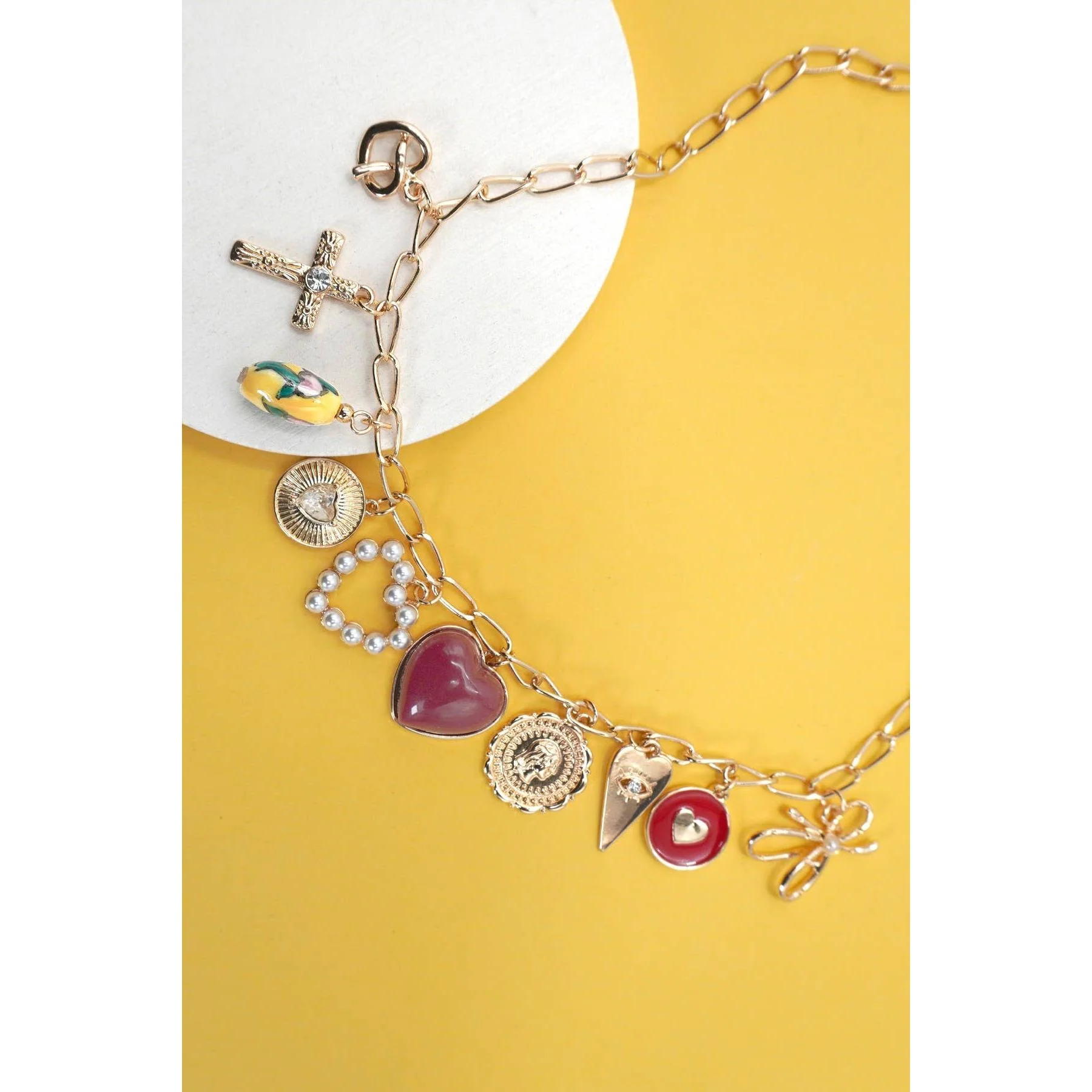 Coquette Bow Toile Floral Heart Cross Red Tones Charm Necklace in Gold Plating | 16" Long - Image 3