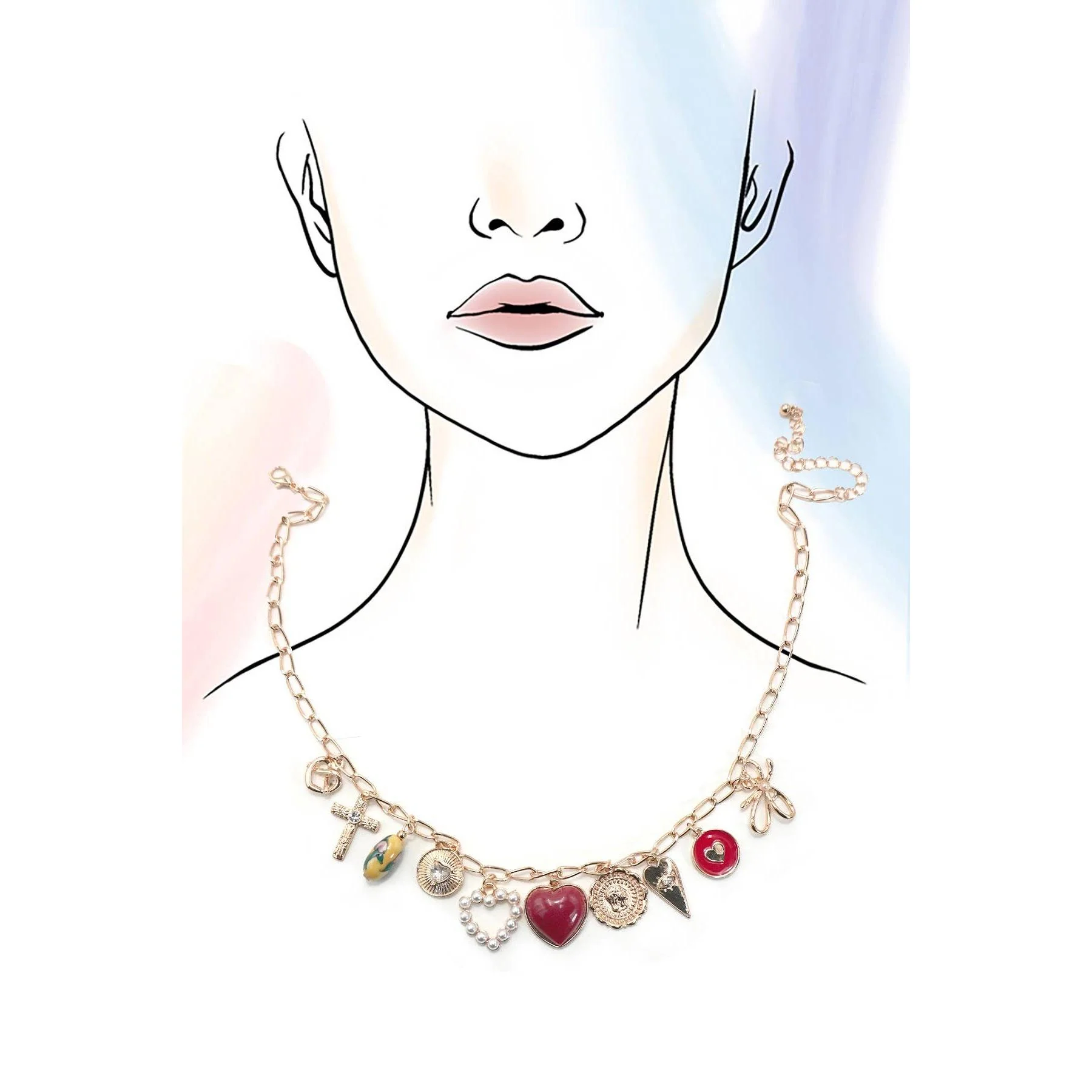 Coquette Bow Toile Floral Heart Cross Red Tones Charm Necklace in Gold Plating | 16" Long - Image 4