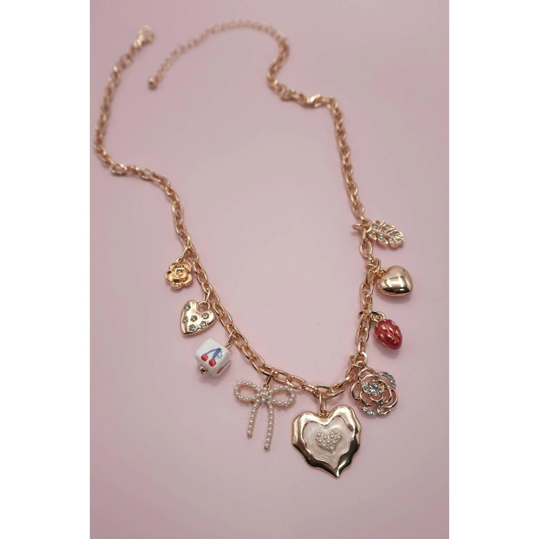 Cherry Coquette Bow Strawberry Flower Heart Multi Charm Necklace in Gold Plating | 16.5" Long - Image 3