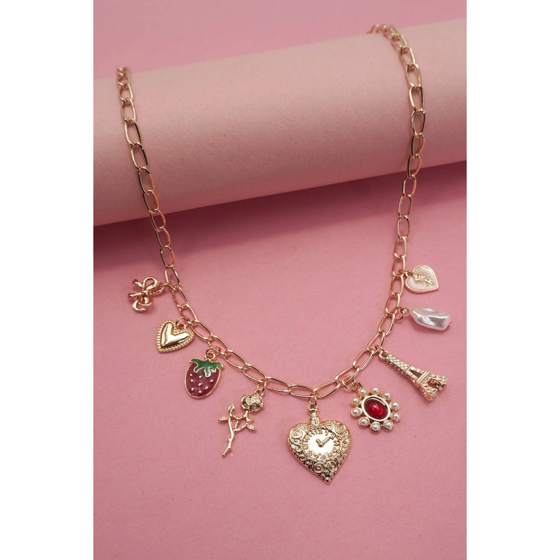 Heart Coquette Bow Rose Strawberry Eiffel Tower Charm Necklace in Gold Plating | 16" Long - Image 3