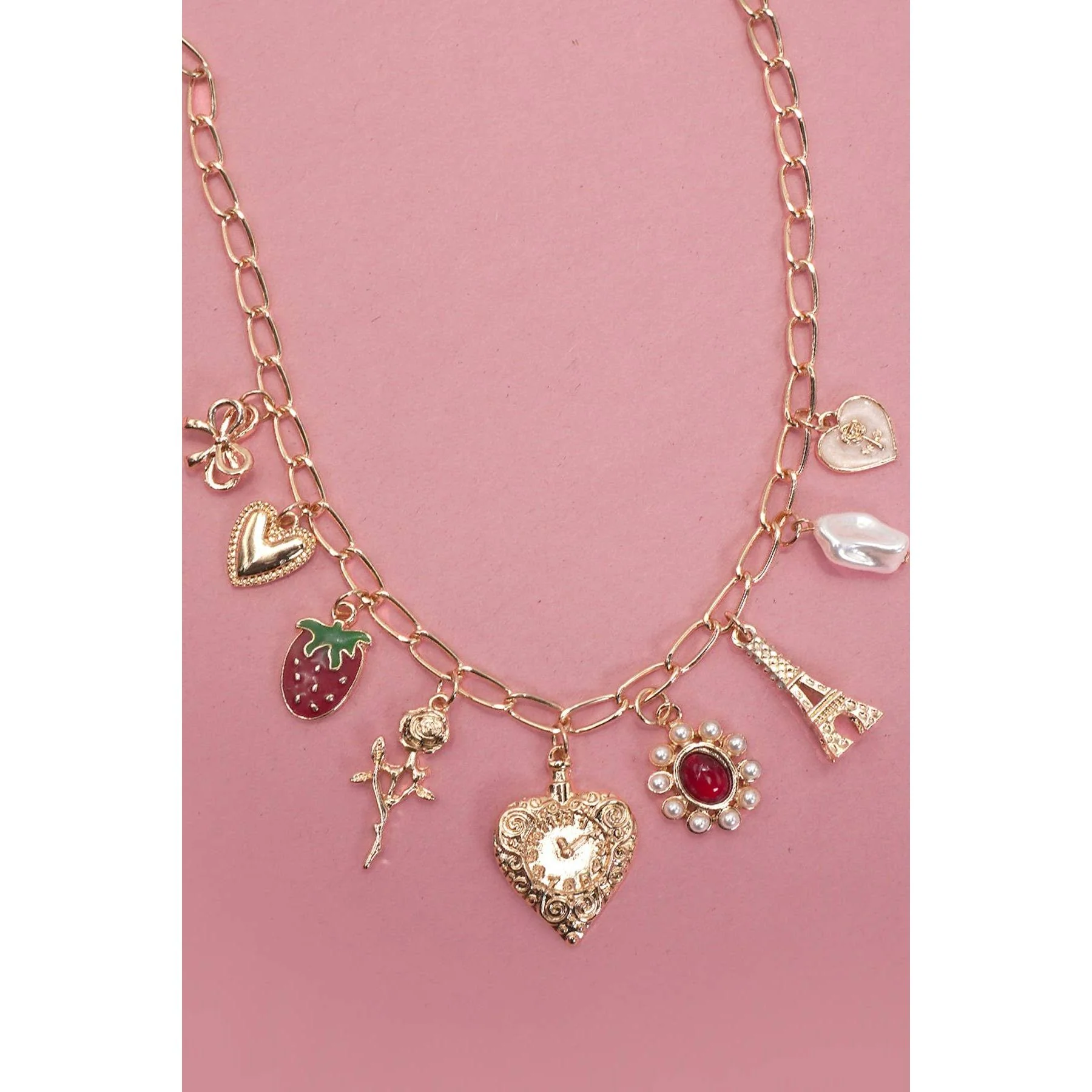 Heart Coquette Bow Rose Strawberry Eiffel Tower Charm Necklace in Gold Plating | 16" Long - Image 4