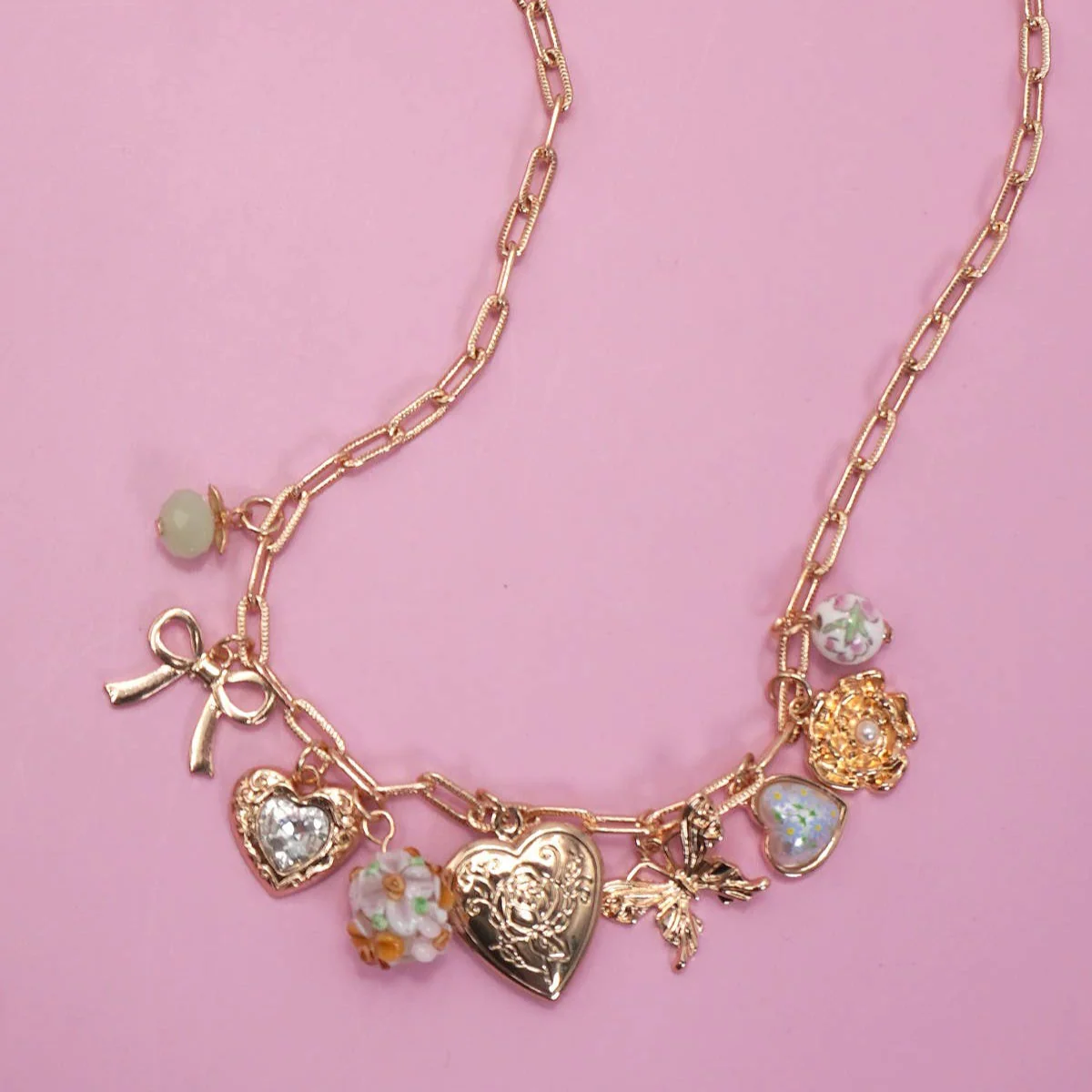 Heart Locket Butterfly Coquettecore Bow Flower Charm Necklace in Gold Plating | 17" Long | Paper Clip Style Chain