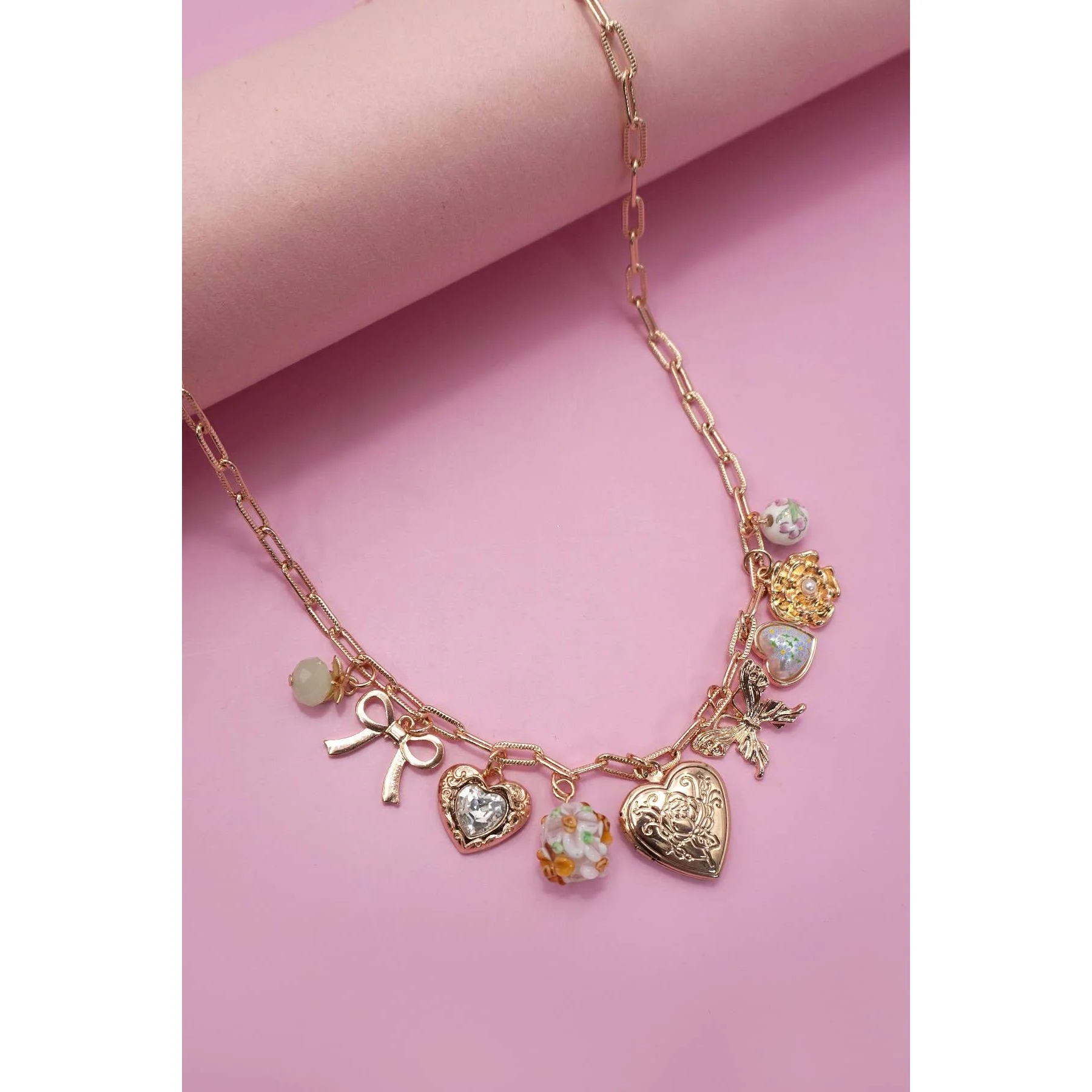 Heart Locket Butterfly Coquettecore Bow Flower Charm Necklace in Gold Plating | 17" Long | Paper Clip Style Chain - Image 2