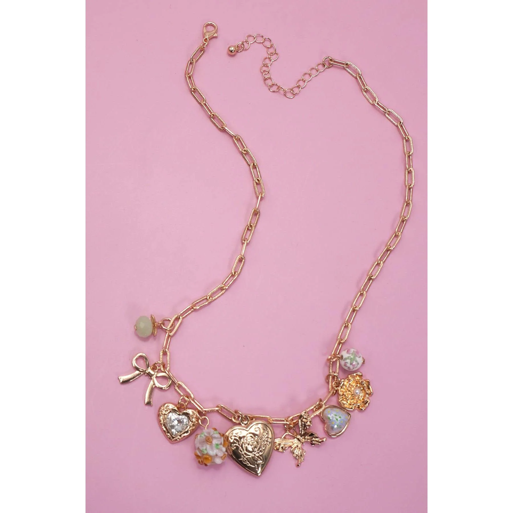 Heart Locket Butterfly Coquettecore Bow Flower Charm Necklace in Gold Plating | 17" Long | Paper Clip Style Chain - Image 3