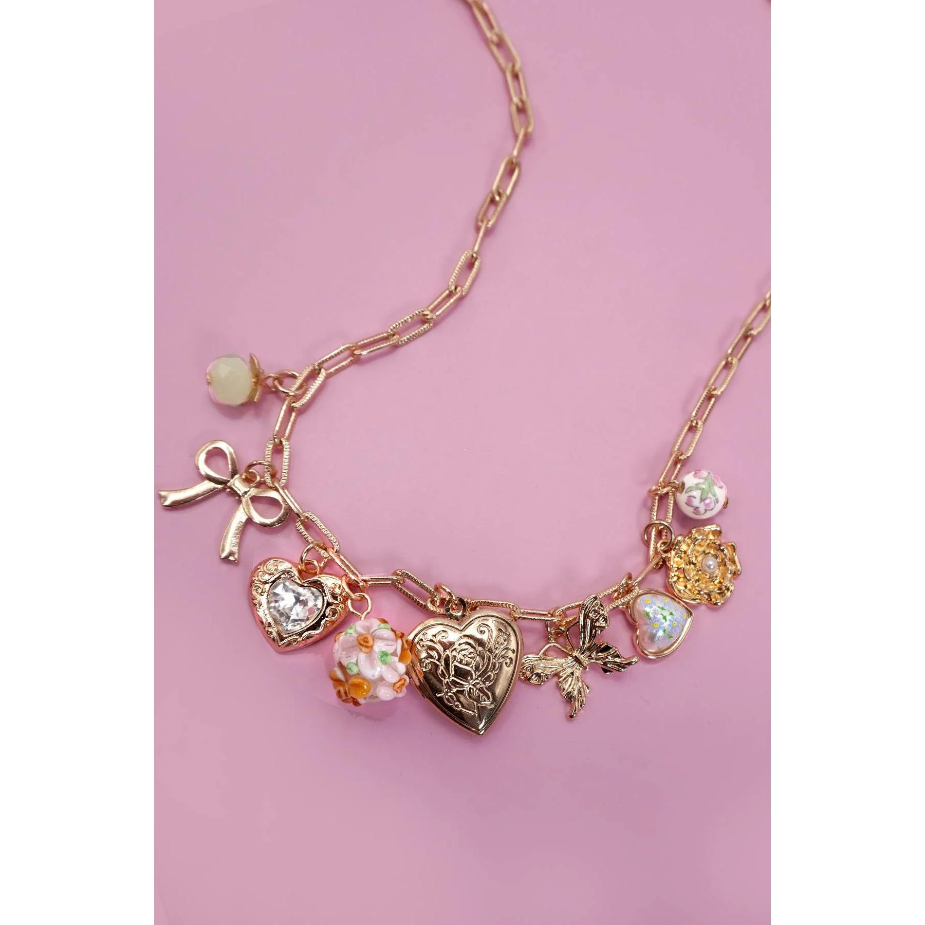 Heart Locket Butterfly Coquettecore Bow Flower Charm Necklace in Gold Plating | 17" Long | Paper Clip Style Chain - Image 4