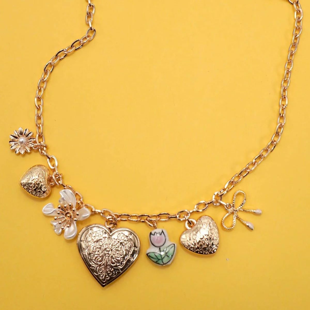 Heart Locket Porcelain Flower Coquette Bow Charm Necklace in Gold Plating | 17" Long