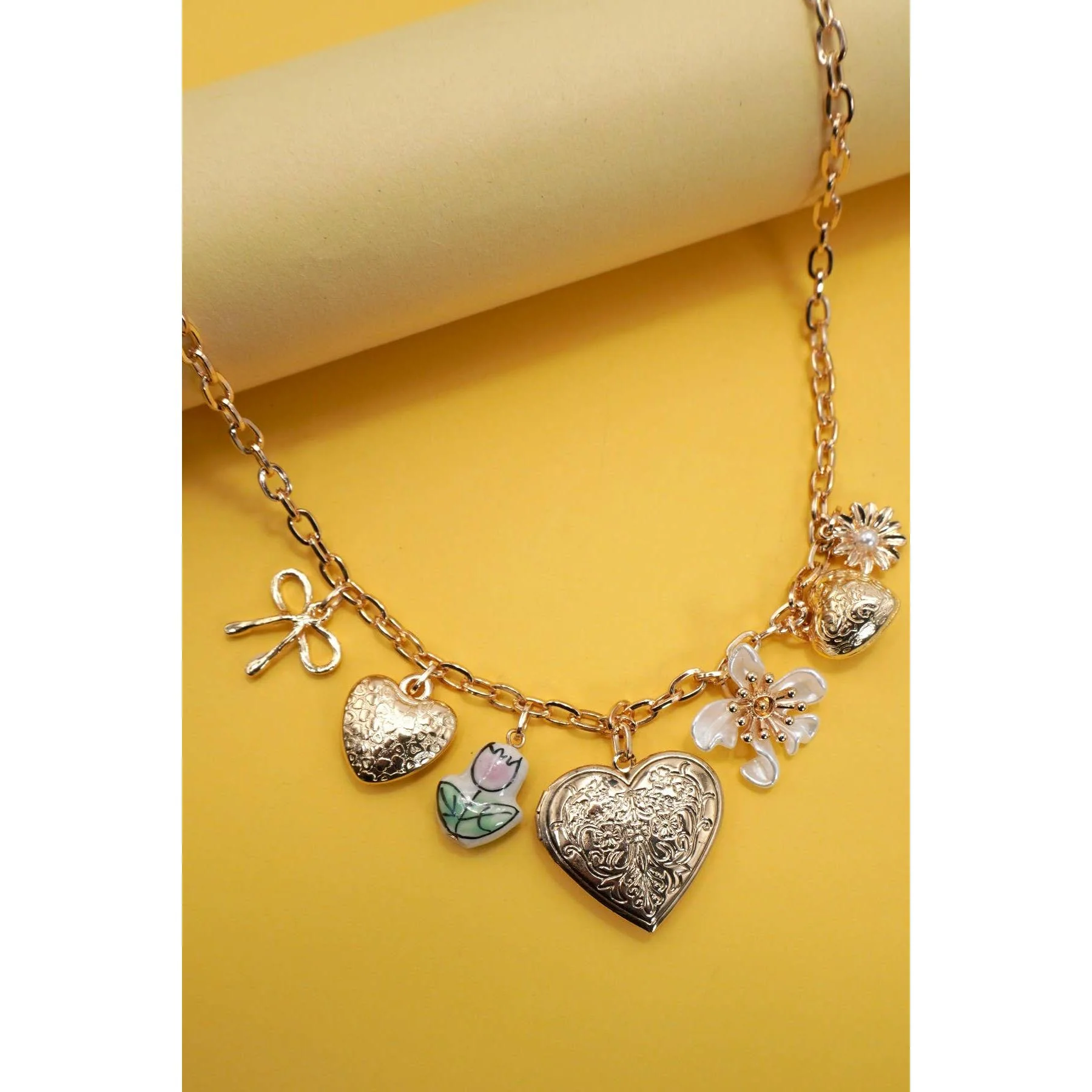 Heart Locket Porcelain Flower Coquette Bow Charm Necklace in Gold Plating | 17" Long - Image 2