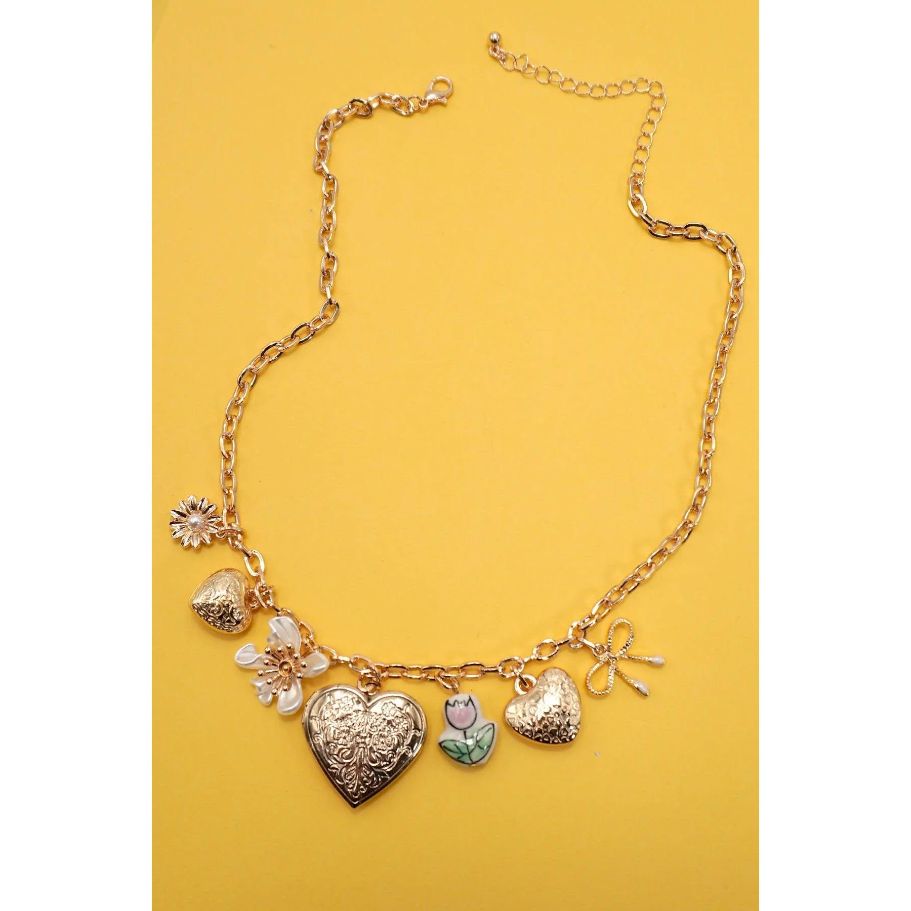 Heart Locket Porcelain Flower Coquette Bow Charm Necklace in Gold Plating | 17" Long - Image 3