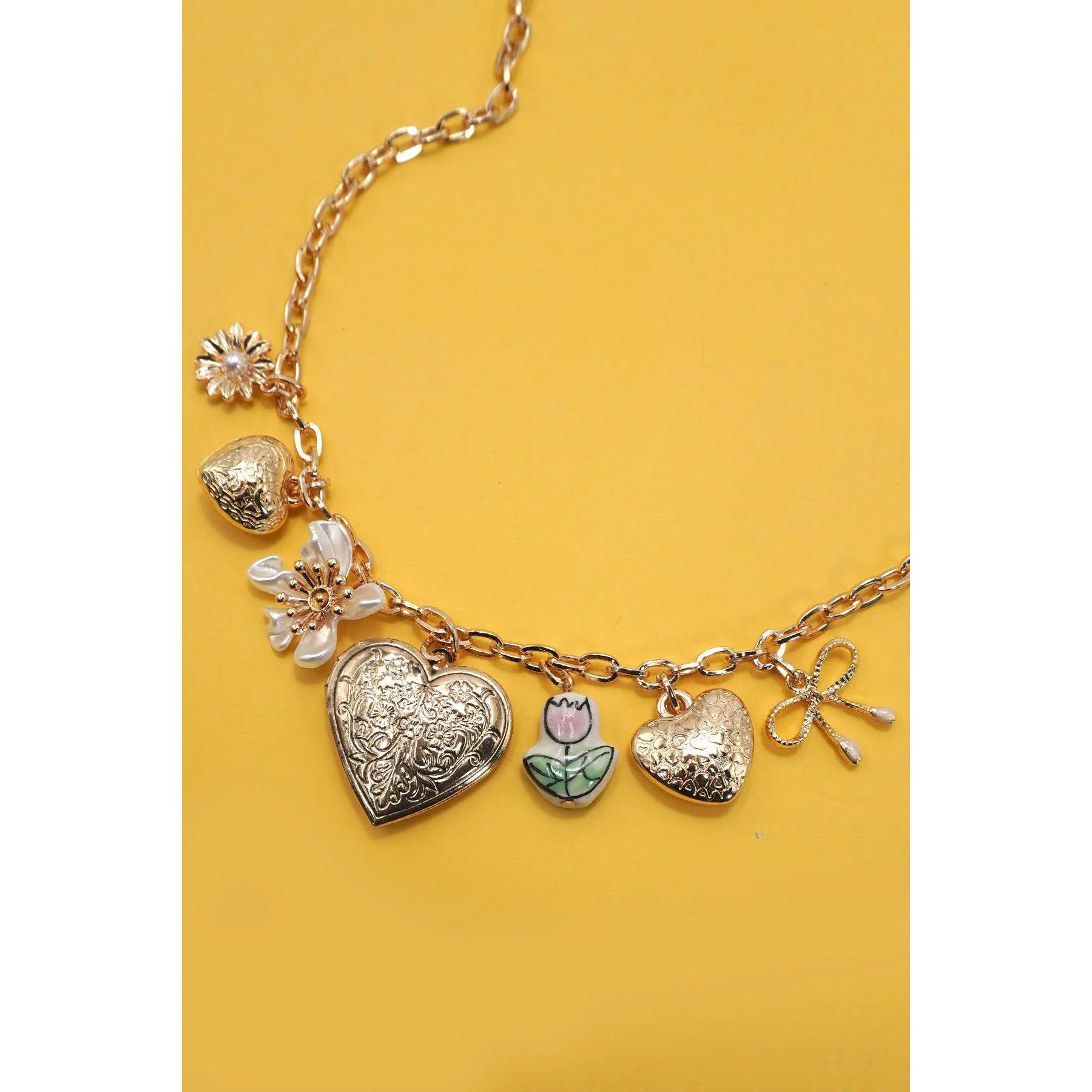 Heart Locket Porcelain Flower Coquette Bow Charm Necklace in Gold Plating | 17" Long - Image 4