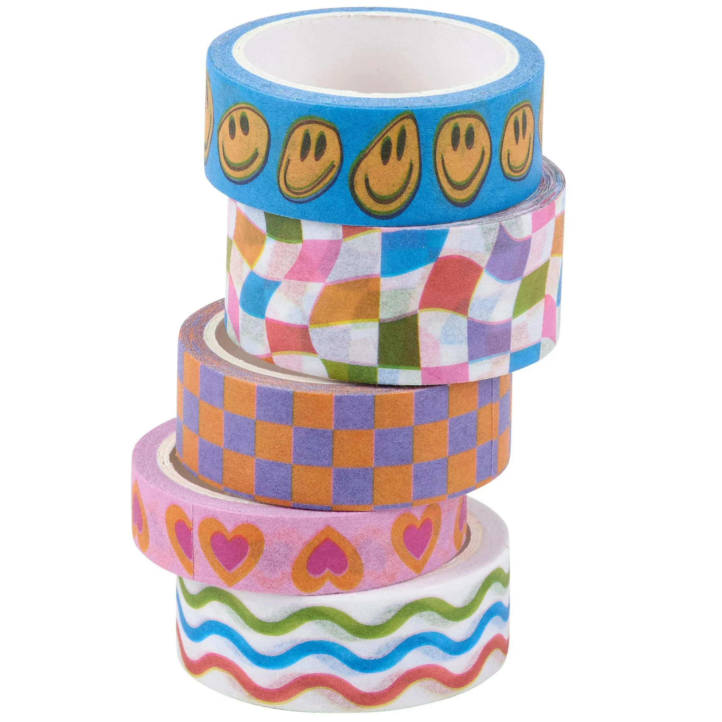 Checkerboard & Waves Washi Tape Set | Retro Smiley Heart Craft Tape (5 Rolls)