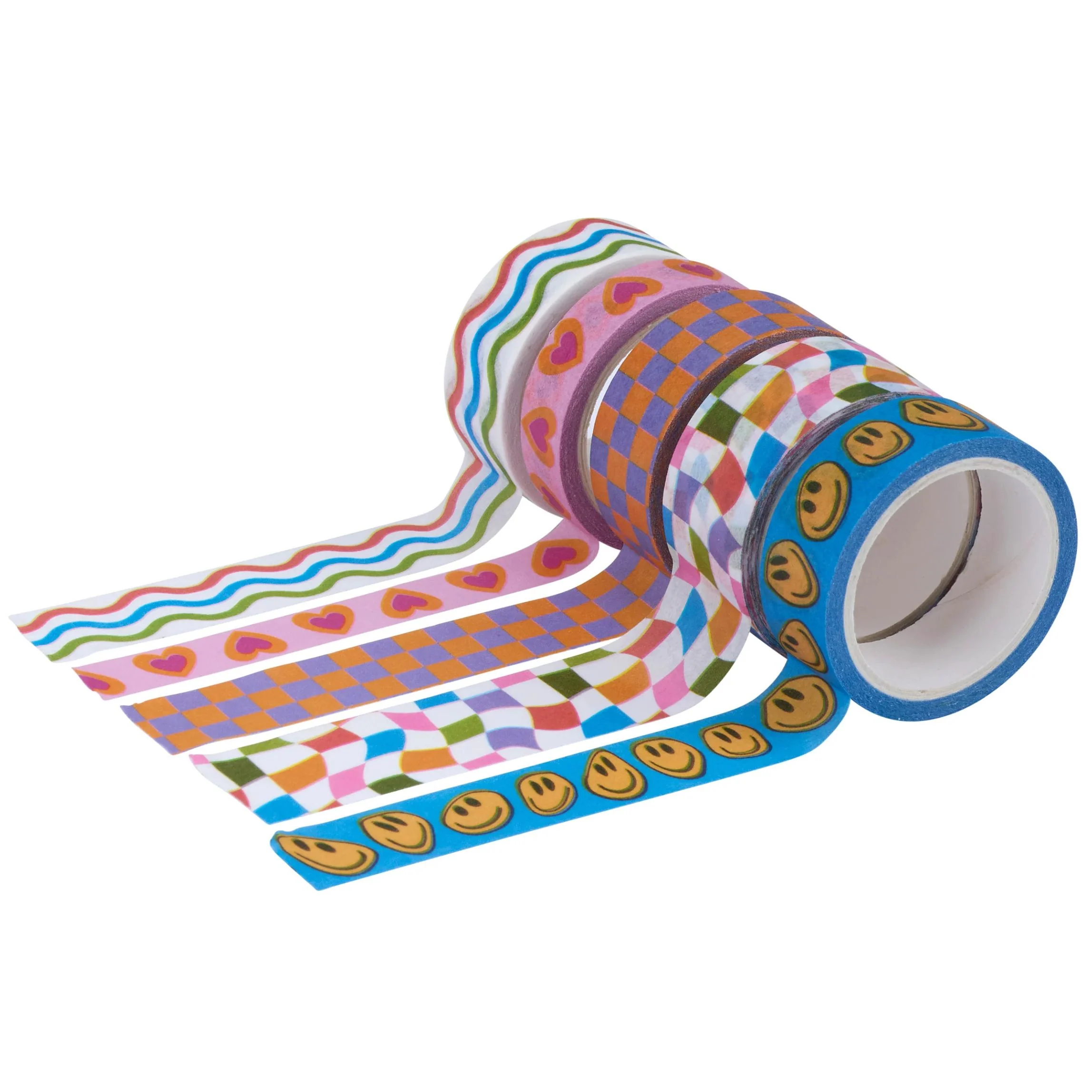 Checkerboard & Waves Washi Tape Set | Retro Smiley Heart Craft Tape (5 Rolls) - Image 2