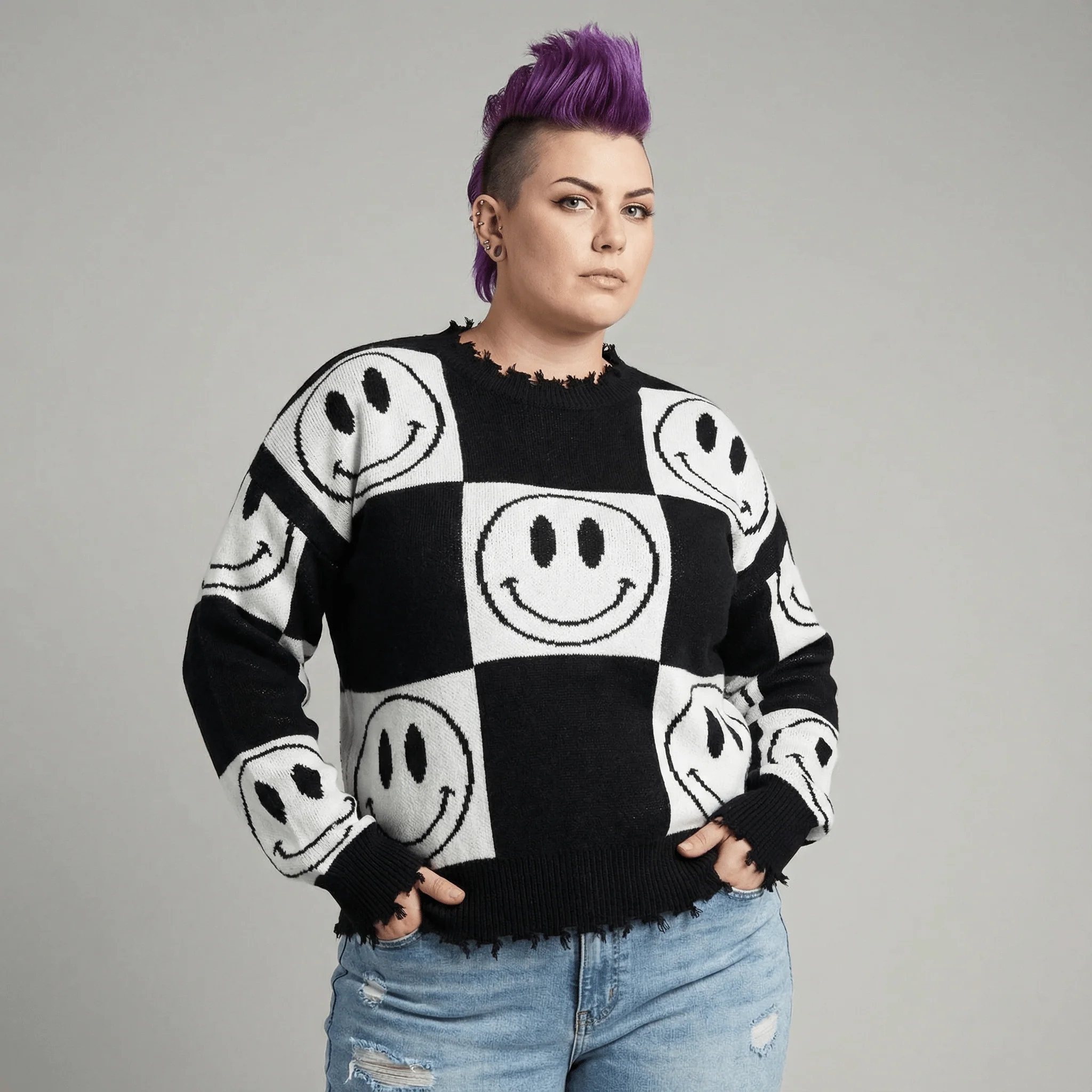 Checkered Smiley Sweater with Distressed Hem & Cuffs [Size SM Remaining]