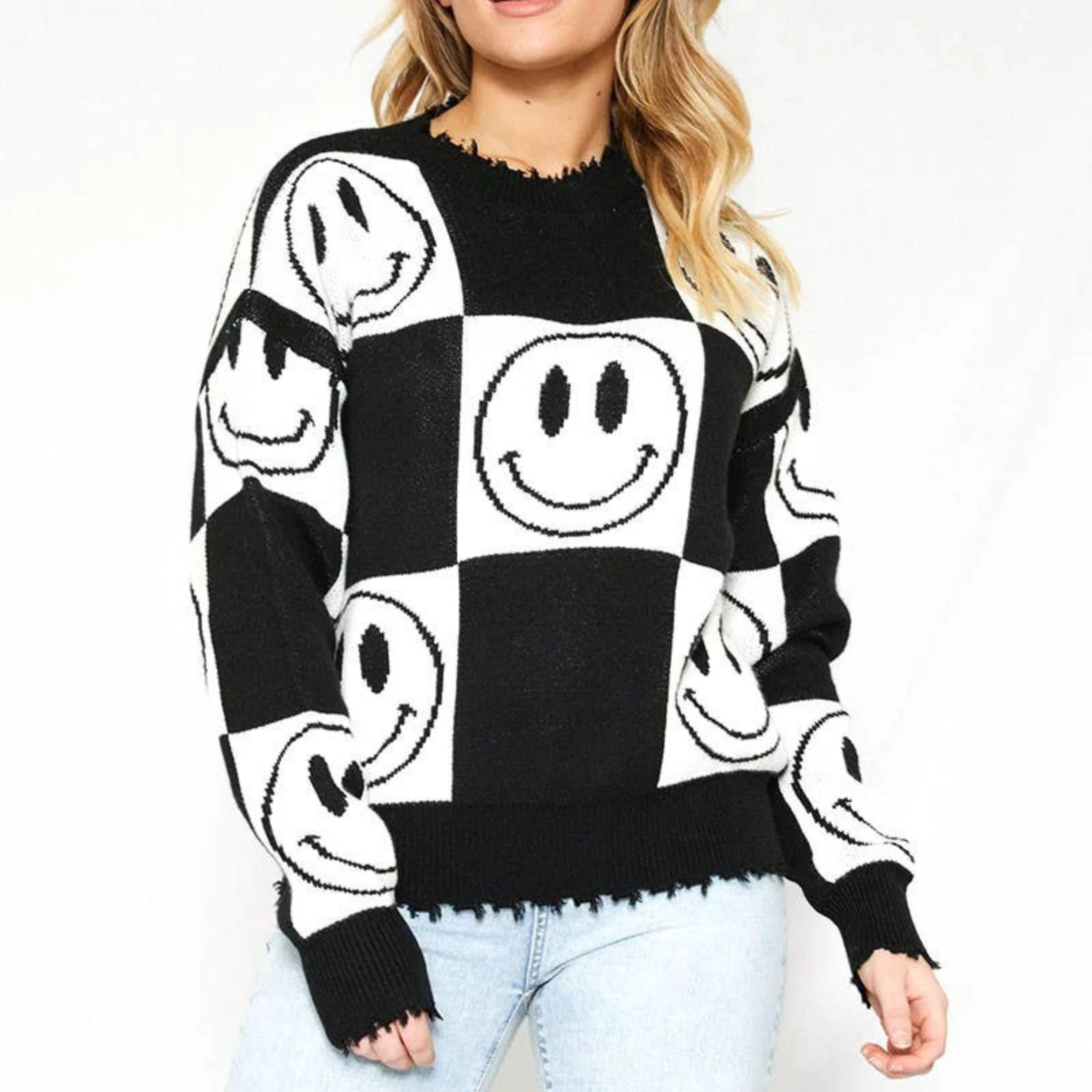 Checkered Smiley Sweater with Distressed Hem & Cuffs [Size SM Remaining] - Image 2