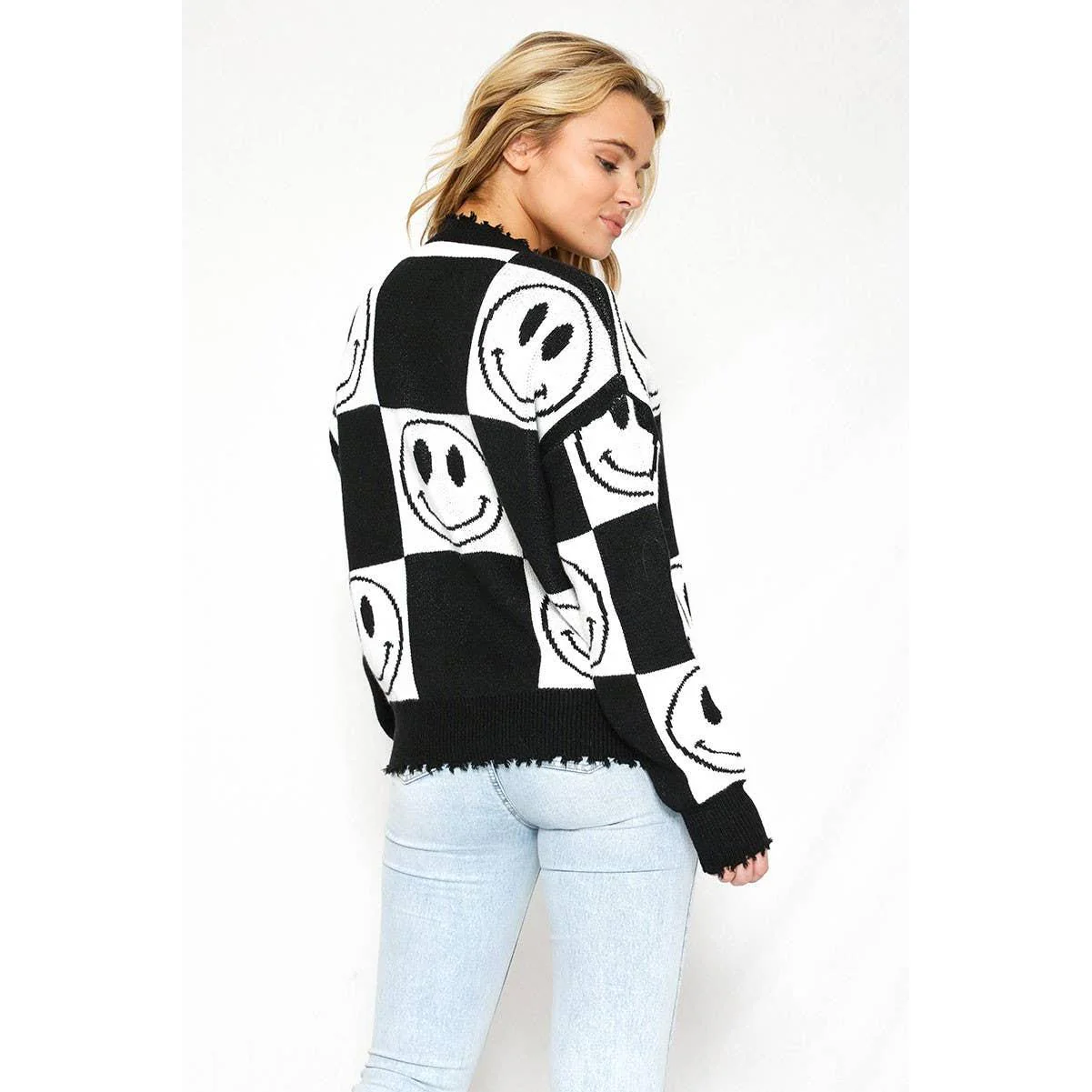 Checkered Smiley Sweater with Distressed Hem & Cuffs [Size SM Remaining] - Image 3