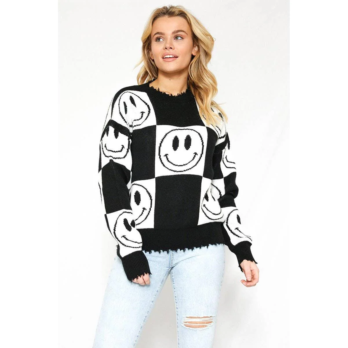 Checkered Smiley Sweater with Distressed Hem & Cuffs [Size SM Remaining] - Image 4