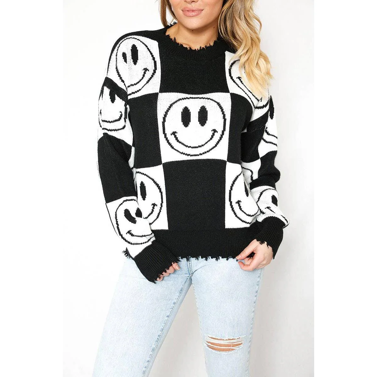 Checkered Smiley Sweater with Distressed Hem & Cuffs [Size SM Remaining] - Image 5