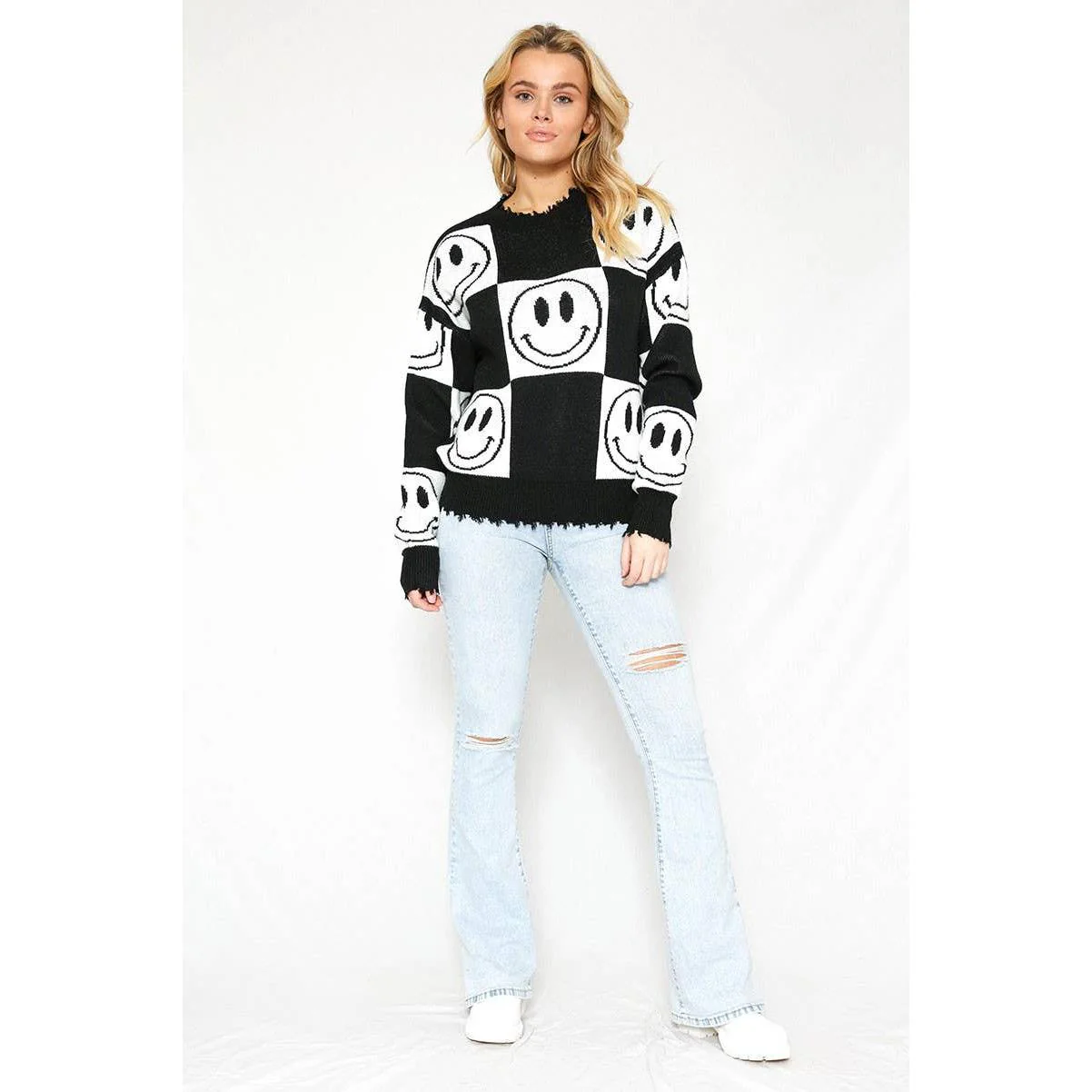 Checkered Smiley Sweater with Distressed Hem & Cuffs [Size SM Remaining] - Image 6