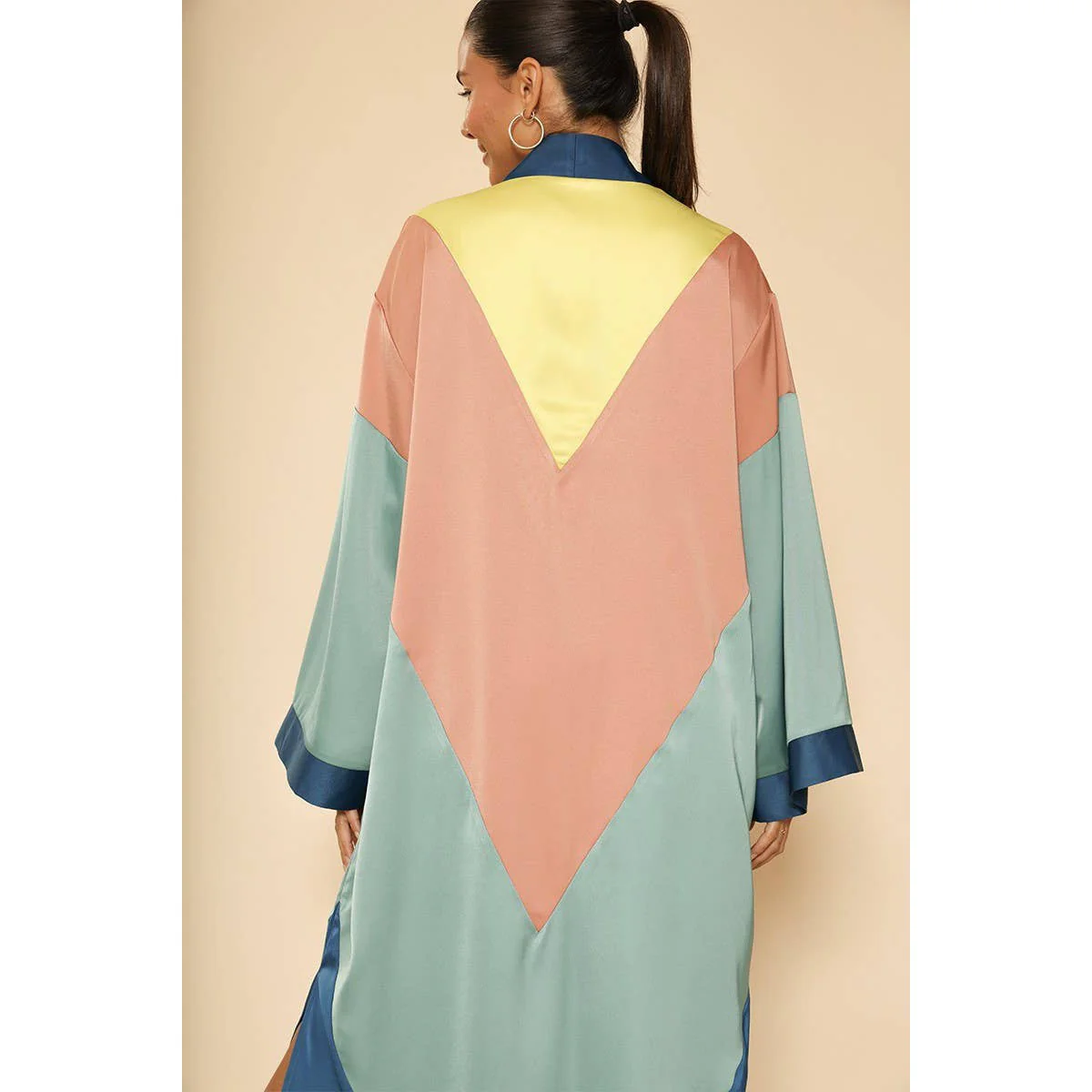 [SIZE L] Chevron Kimono Big Long Textured Satin Duster | Light Jacket, Outdoor Robe, Swimsuit Coverup - Image 2