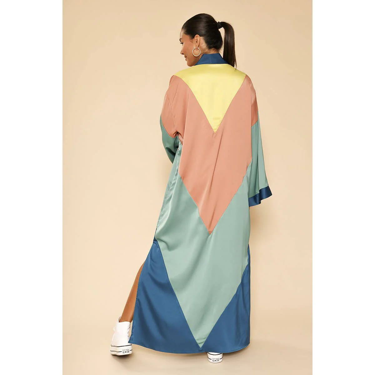 [SIZE L] Chevron Kimono Big Long Textured Satin Duster | Light Jacket, Outdoor Robe, Swimsuit Coverup - Image 6