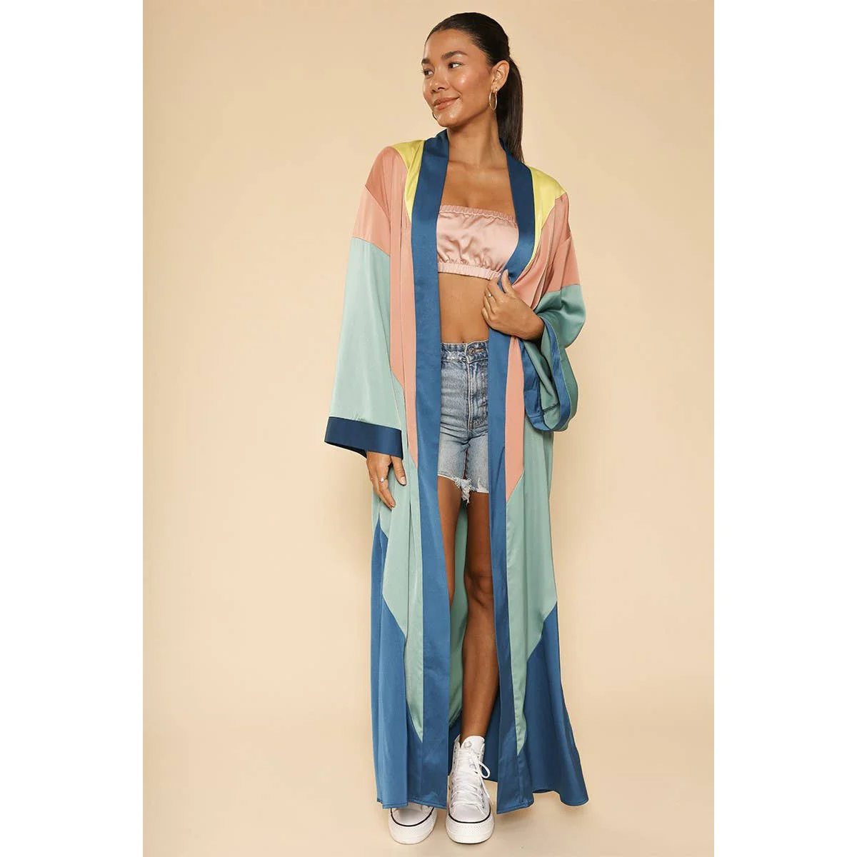 [SIZE L] Chevron Kimono Big Long Textured Satin Duster | Light Jacket, Outdoor Robe, Swimsuit Coverup - Image 7