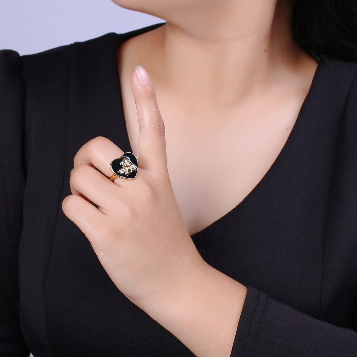 Chunky Cherub Angel Ring | Gold Plated Enamel Heart Statement Ring, Adjustable Open Band - Image 2